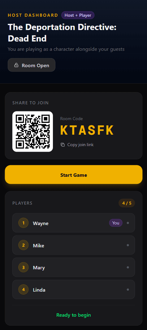 Murder mystery party lobby — host dashboard showing QR code and join code for guests to scan and join the game