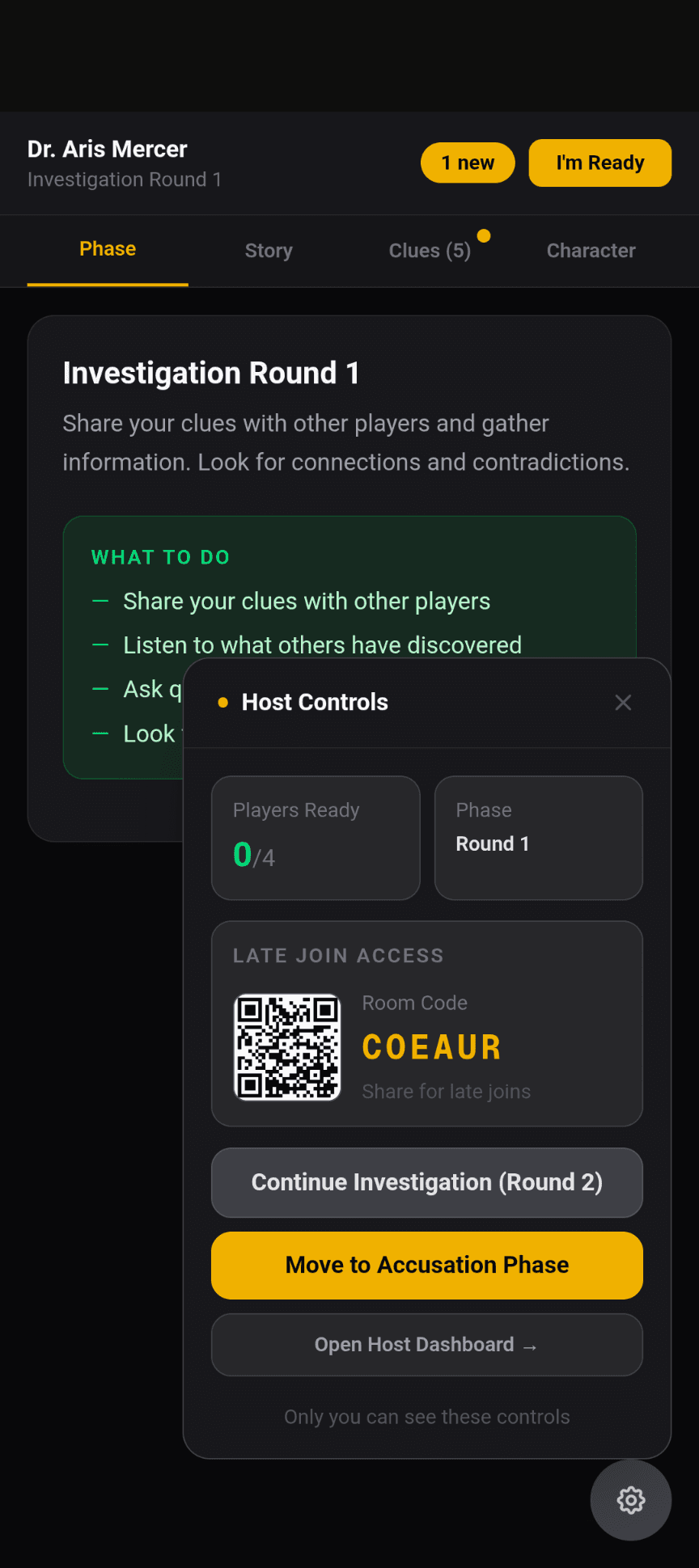 Murder mystery party host controls overlay — QR code for late joins, advance phase button, and player ready count during investigation round